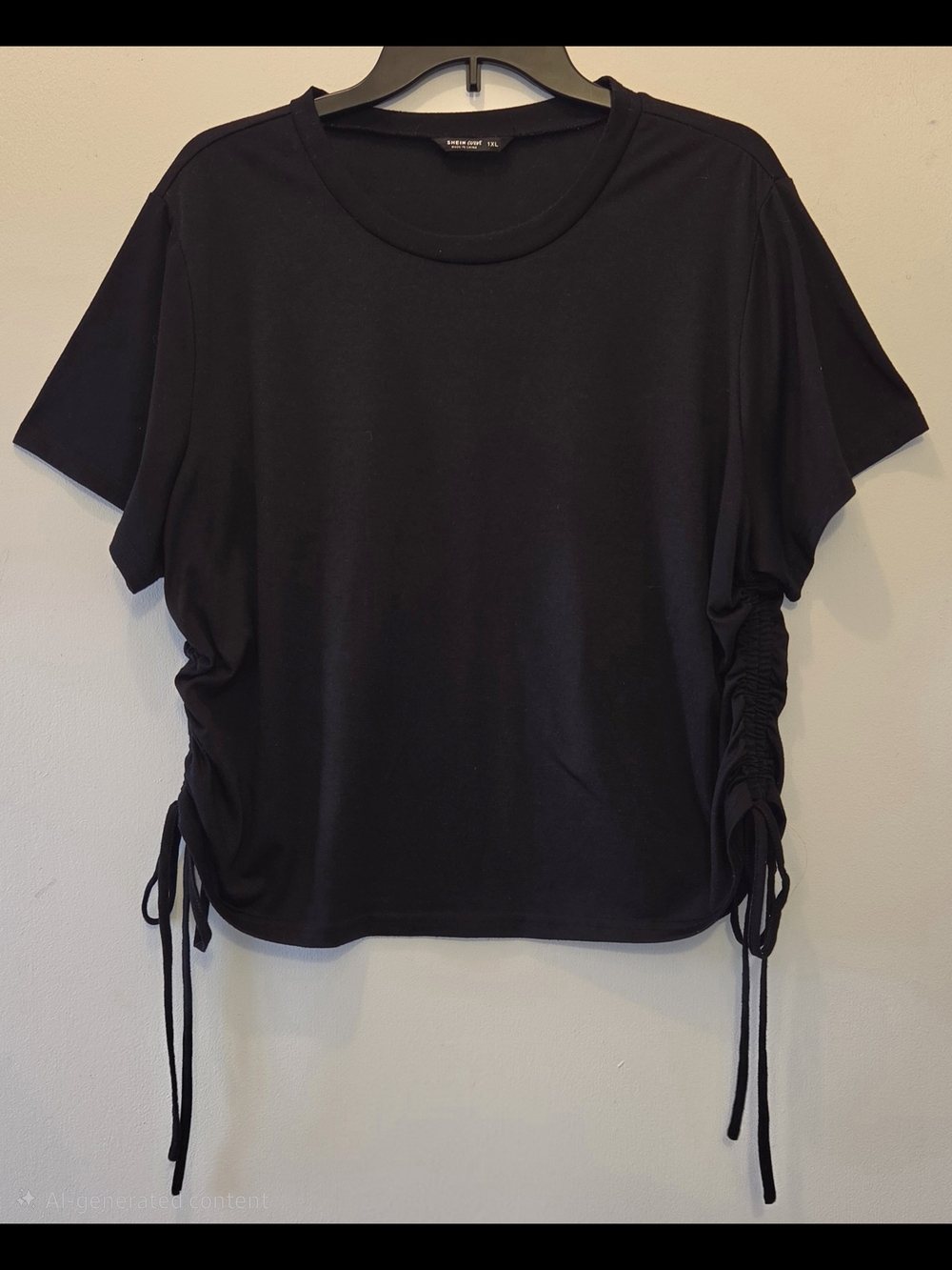 Shien Womens Black Ruched Side Short Sleeve Tee